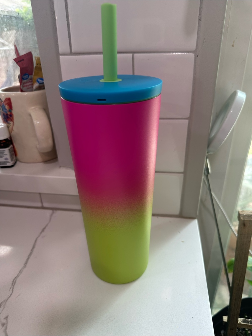 Simple Modern Pink to Lime Gradient Tumbler with Blue Lid and Mint Straw 24oz